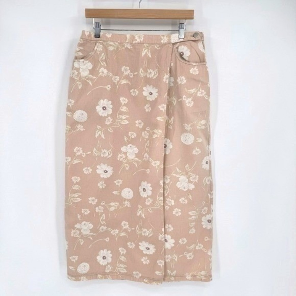 Susan Bristol Light Pink/White Floral Denim Long Cotton Wrap Skirt Women's Sz 16